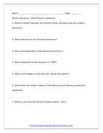 Winter Olympics Short Answer Worksheet