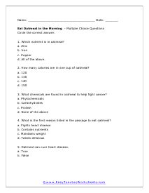 Why Oatmeal Multiple Choice Worksheet