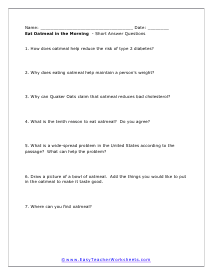 Oatmeal Short Answer Worksheet