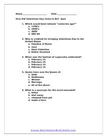 Valentines Day Multiple Choice Worksheet