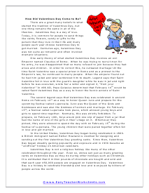 Valentines Day Reading Worksheet