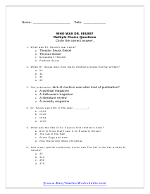 Dr. Seuss Multiple Choice Worksheet