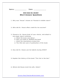 Dr. Seuss Short Answer Worksheet