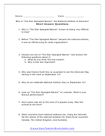 Star Spangled Banner Short Answe Worksheet