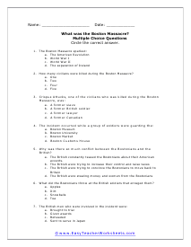 Boston Massacre Short Answer Worksheet