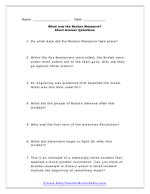 Boston Massacre Short Answer Worksheet