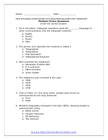 Before Telephones Multiple Choice Worksheet