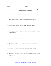 Eiffel Tower Short Answer Worksheet