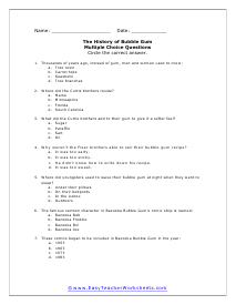 Bubble Gum Short Answer Worksheet