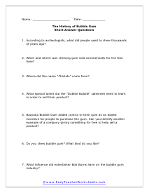 Bubble Gum Short Answer Worksheet