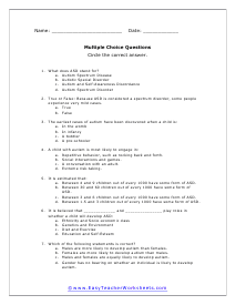 Autism Multiple Choice Worksheet