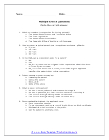 Patents Multiple Choice Worksheet