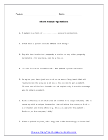 Patent Short Answer Worksheet