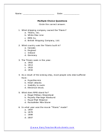 Titanic Multiple Choice Worksheet