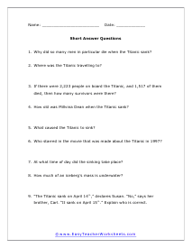 Titanic Short Answer Worksheet