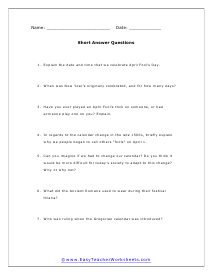 April Fools Short Answer Worksheet