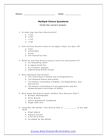 Paul Revere Multiple Choice Worksheet