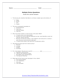 Bicycles Questions Worksheet