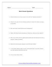 Bicycles Short Answer Worksheet