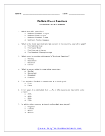 Sports Multiple Choice Worksheet