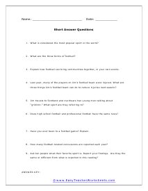 Sports Short Answer Worksheet