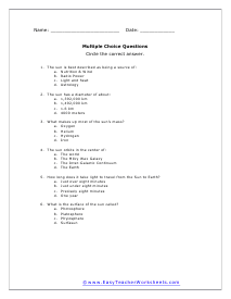 Sun Multiple Choice Worksheet