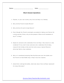 Cinco Short Answer Worksheet