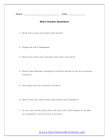 Lewis & Clark Short Answer Worksheet