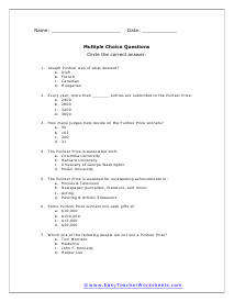 Pulitzer Prize Questions Worksheet