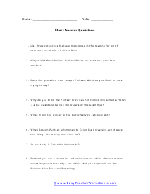 Pulitzer Prize Short Answer Worksheet