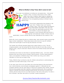 Mother's Day Reading Worksheet
