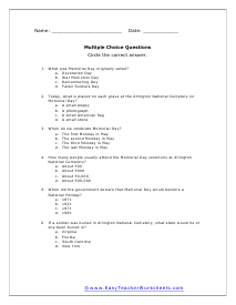 Memorial Day Multiple Choice Worksheet