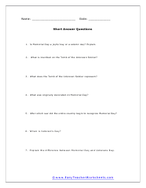 Memorial Day Short Answer Worksheet