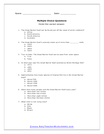 Great Barrier Reef Multiple Choice Question Worksheet