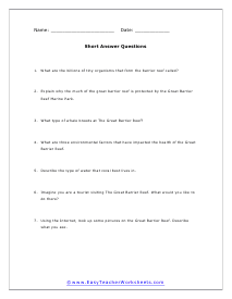 Barrier Reef Short Answer Worksheet