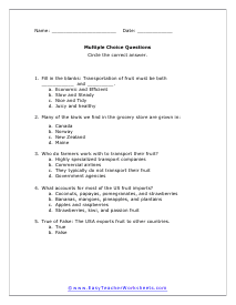 Fruit Multiple Choice Question Worksheet