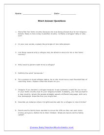 Refugee Short Answer Worksheet