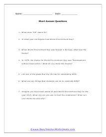 Environment Day Short Answer Worksheet