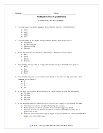 Little League World Series Multiple Choice Worksheet