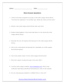 Little League World Series Short Answer Worksheet