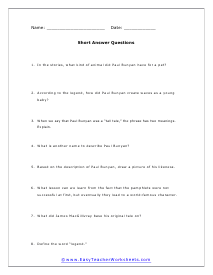 Paul Bunyun Short Answer Worksheet