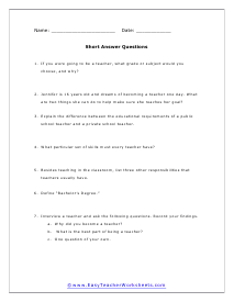 Teachers Short Answer Worksheet