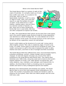 Great Barrier Reef Reading Worksheet