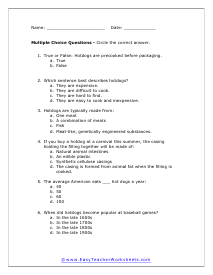 Hot Dogs Multiple Choice Worksheet