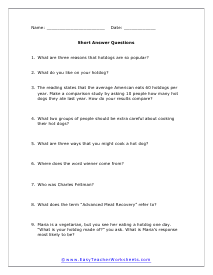 Hot Dogs Short Answer Worksheet