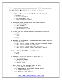 Independence Day Multiple Choice Worksheet