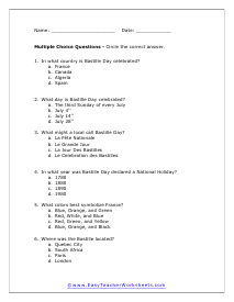 Bastille Day Multiple Choice Worksheet