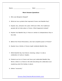 Bastille Day Short Answer Worksheet