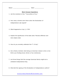 Independence Day Short Answer Worksheet