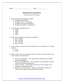 NASA Multiple Choice Worksheet